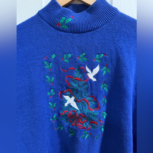 VTG Southern Lady Royal Blue Knit Holiday Dove Ribbon Holly Sweater Ramie Cotton - Picture 2 of 4